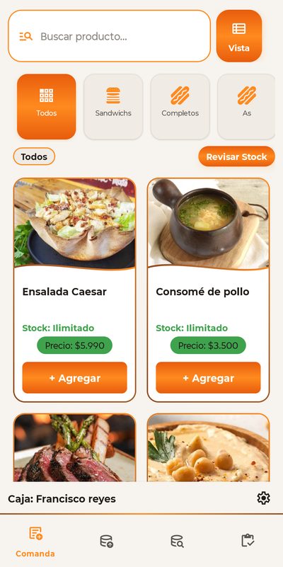 App SGP en tema claro: fondo crema, tarjetas blancas con foto del plato, stock en verde y botón naranja para agregar.
