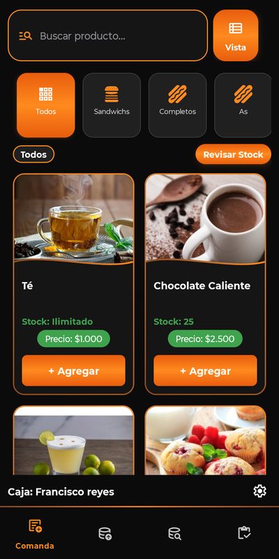 Pantalla de comanda de la app SGP en tema oscuro, con buscador de productos, categorías y tarjetas de producto con su stock y precio.