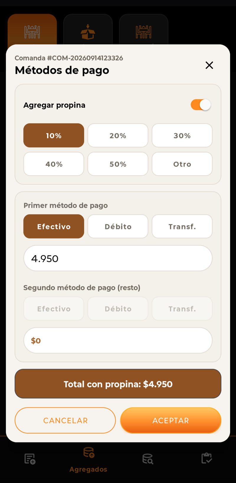 Pantalla de métodos de pago con propina por porcentaje y pago dividido
