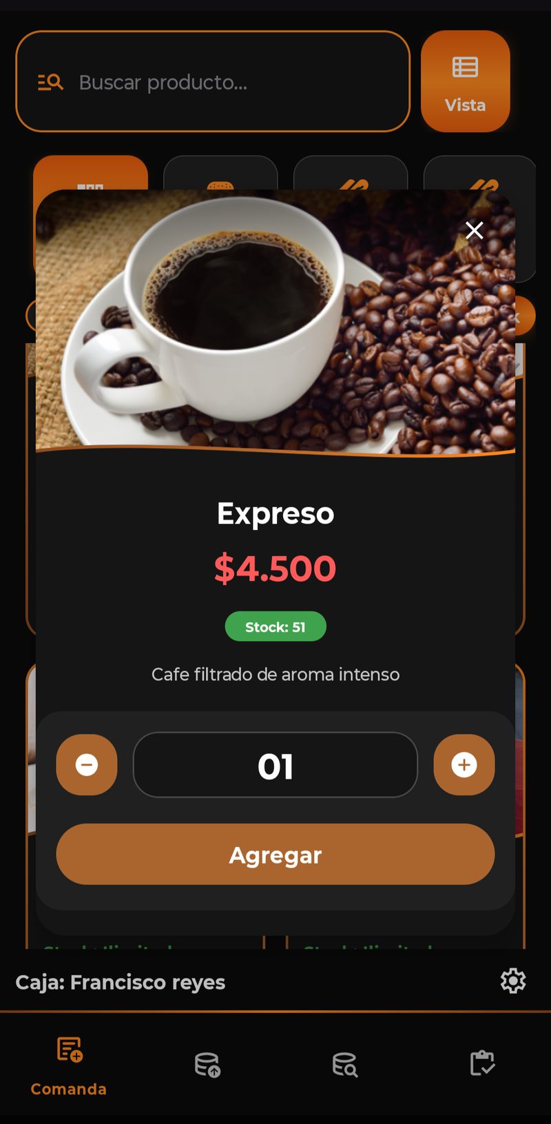 Ficha de un producto con foto, precio, stock y selector de cantidad